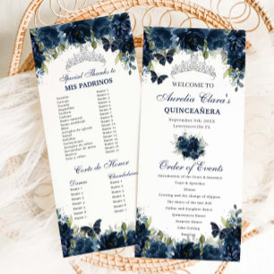 Navy Blue Floral Silver Quinceañera Order of Event Program