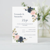 Navy Blue Floral Spanish Wedding RSVP card