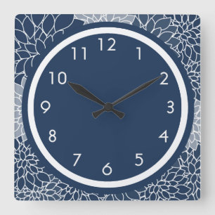 Navy Blue Floral Square Wall Clock