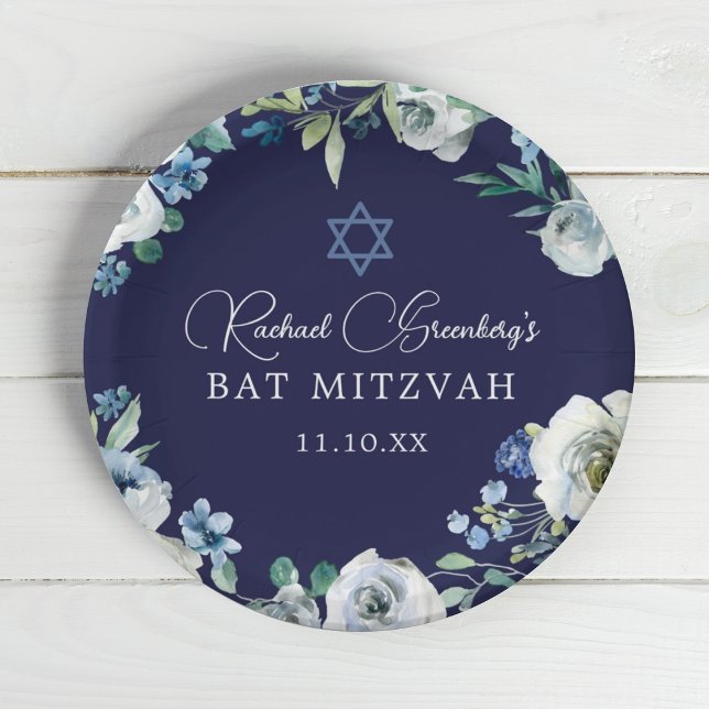 Navy Blue Floral Star of David Bat Mitzvah Party Paper Plate (Creator Uploaded)