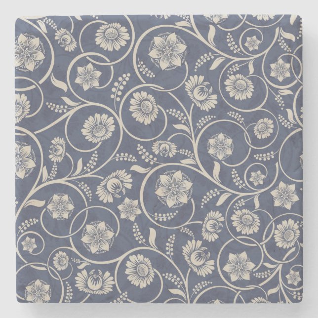 Navy Blue Floral Stone Coaster (Front)