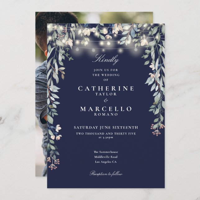 Navy Blue Floral String Lights Photo Wedding Invitation (Front/Back)