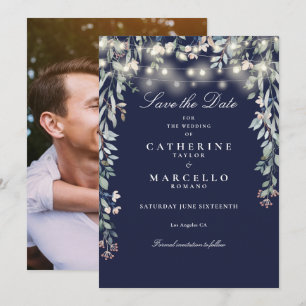 Navy Blue Floral String Lights Photo Wedding Save The Date