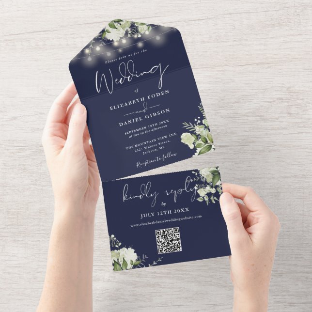 Navy Blue Floral String Lights QR Code Wedding All In One Invitation (Tearaway)