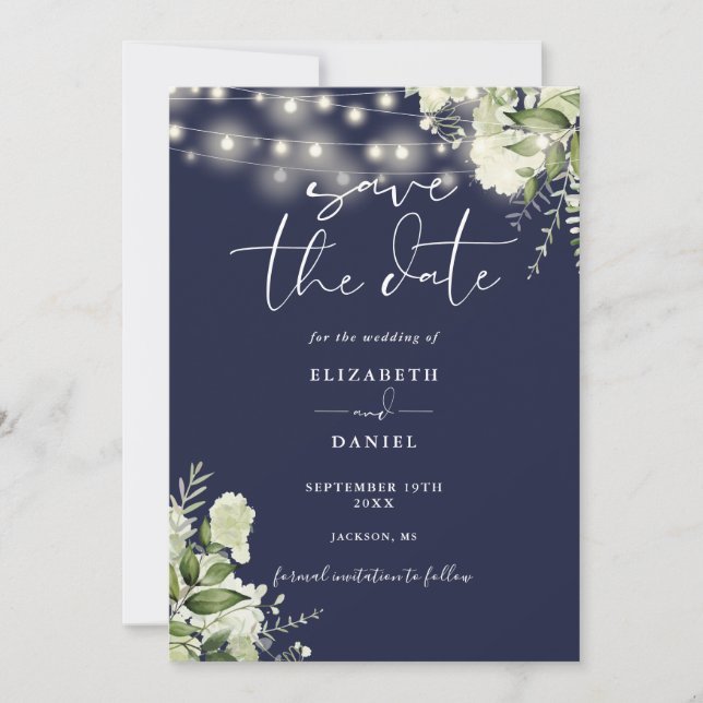 Navy Blue Floral String Lights QR Code Wedding Save The Date (Front)