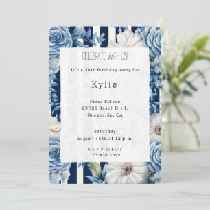 Navy Blue Floral Stripes Birthday   Invitation