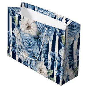 Navy Blue Floral Stripes Bridal Shower Large Gift Bag