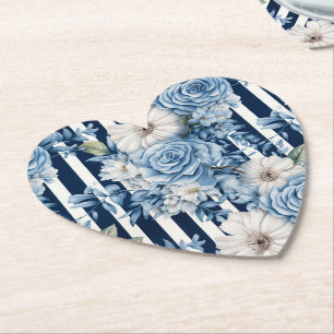 Navy Blue Floral Stripes Bridal Shower Paper Coaster