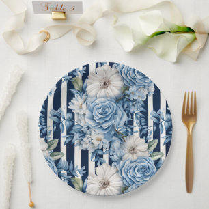 Navy Blue Floral Stripes Bridal Shower Paper Plate