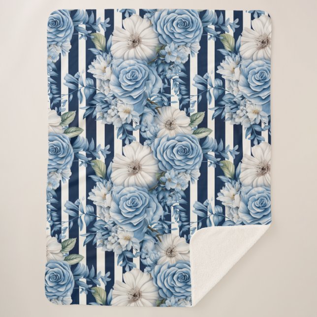 Navy Blue Floral Stripes Bridal Shower Sherpa Blanket (Front)