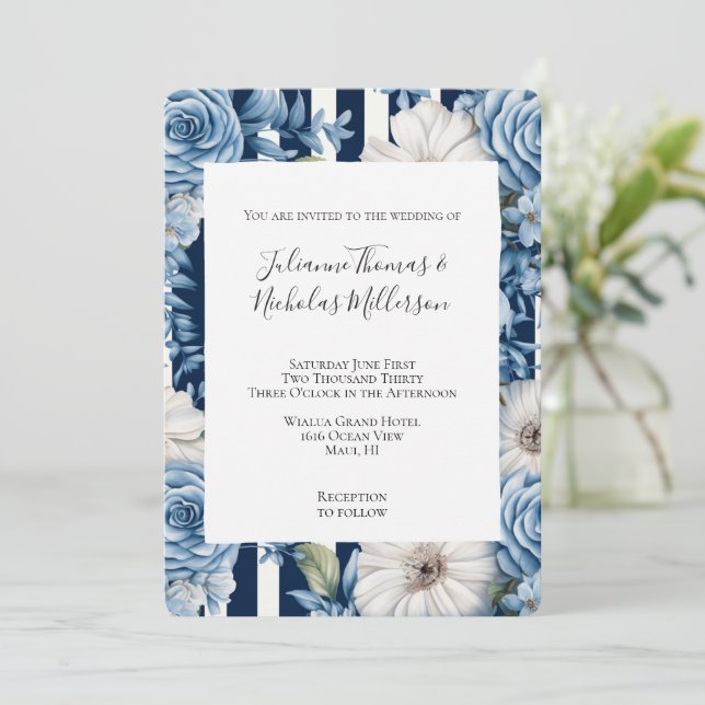 Navy Blue Floral Stripes Wedding Invitation (Standing Front)