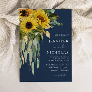 Navy Blue Floral Sunflower Eucalyptus Wedding Invitation