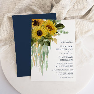 Navy Blue Floral Sunflower Eucalyptus Wedding Invitation