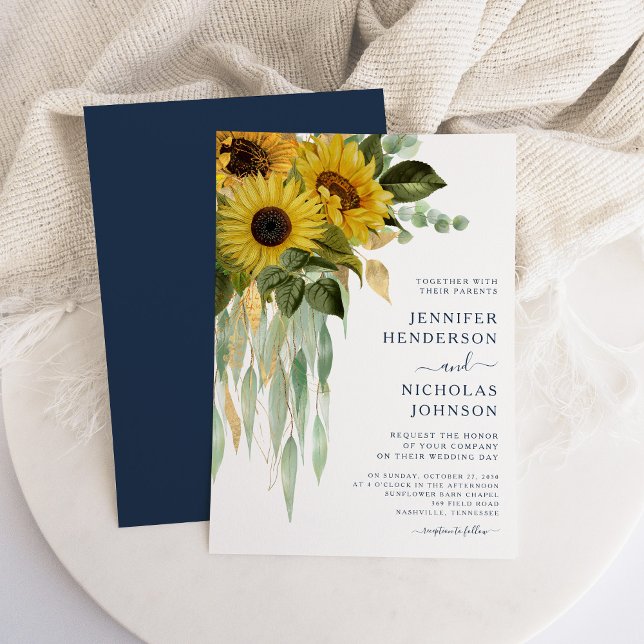 Navy Blue Floral Sunflower Eucalyptus Wedding Invitation (Navy Blue Floral Sunflower Eucalyptus Wedding Invitation)