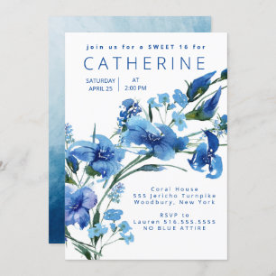 Navy Blue Floral Sweet 16 Party Invitation