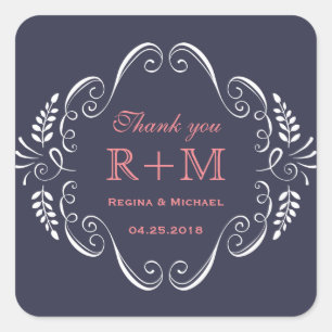 Navy Blue Floral Swirl Curl Wedding Favour Sticker