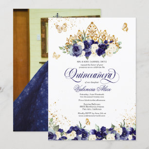 Navy Blue Floral Tiara Butterfly Photo Quinceanera Invitation