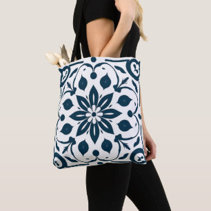 Navy Blue Floral Tile Pattern Tote Bag