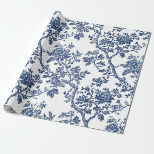 Navy Blue Floral Vine Toile Garden Party Wrapping Paper