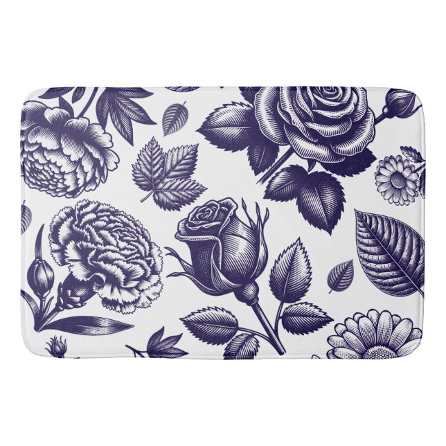 Navy Blue Floral Vintage  Bath Mat (Front)