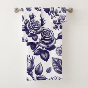 Navy blue Floral Vintage Bath Towel Set