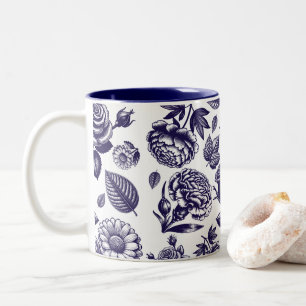 Navy Blue Floral Vintage Two-Tone Coffee Mug