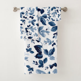 Navy Blue Floral Watercolor Bath Towel
