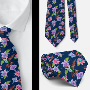 Navy Blue Floral Watercolor Hummingbird Flowers Tie