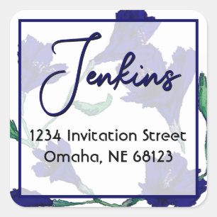Navy Blue Floral Watercolor Wedding Address Square Sticker