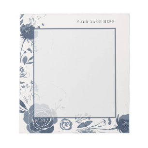 Navy Blue Floral Watercolor with Name Notepad