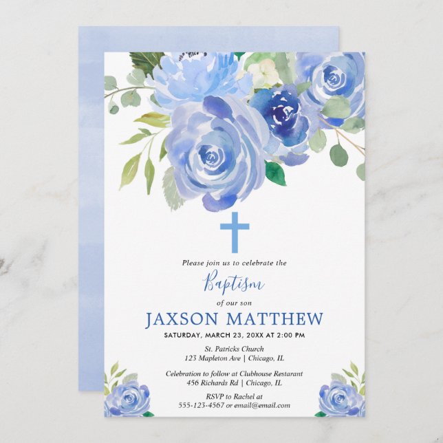 Navy blue floral watercolors baptism boy invitation (Front/Back)