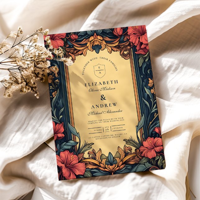 Navy Blue Floral  Wedding Art Nouveau Invitation (Creator Uploaded)