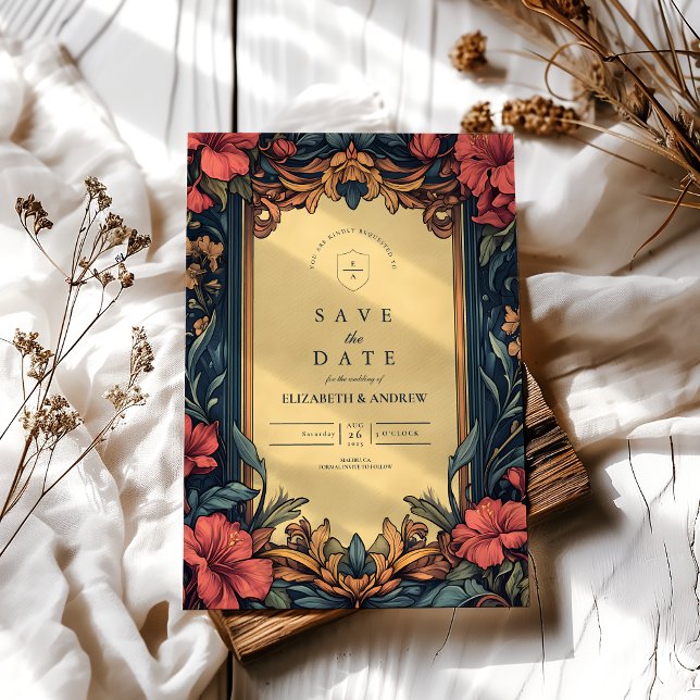 Navy Blue Floral  Wedding Art Nouveau Save The Date (Creator Uploaded)