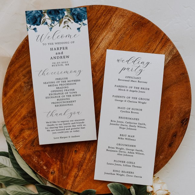 Navy Blue Floral Wedding Ceremony Program (Creator Uploaded)