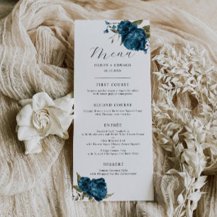 Navy Blue Floral Wedding Dinner Menu