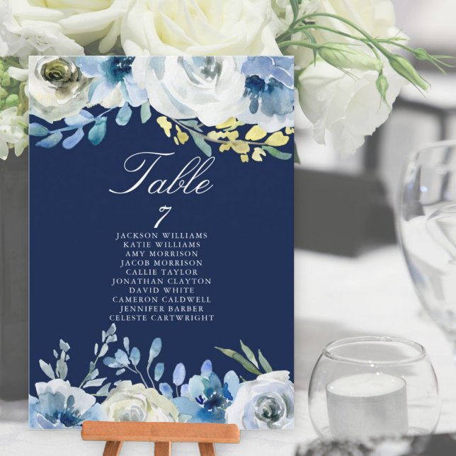 Navy Blue Floral Wedding Elegant Seating Chart (Creator Uploaded)