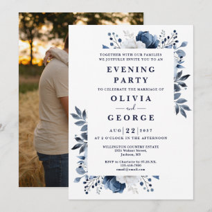 Navy Blue Floral Wedding Evening Party Photo Invitation