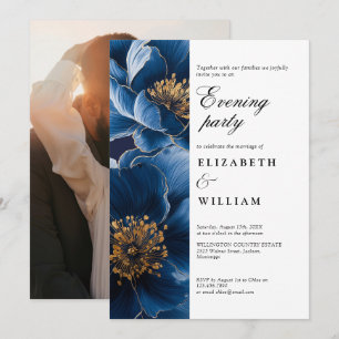 Navy Blue Floral Wedding Evening Party Photo Invitation