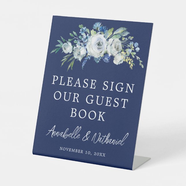 Navy Blue Floral Wedding Guest Book Pedestal Sign (Front)