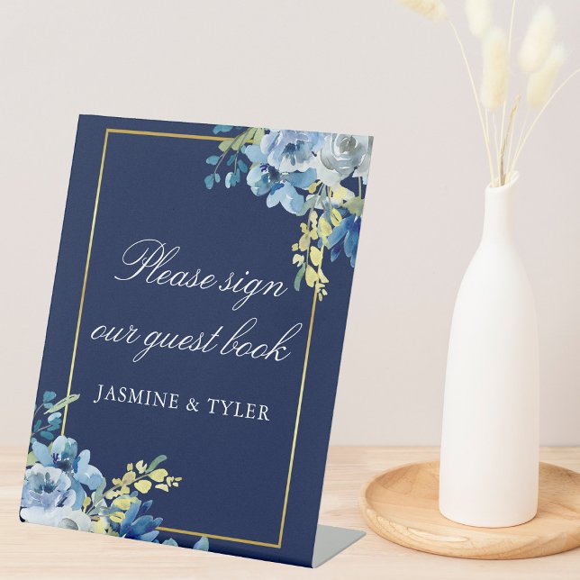 Navy Blue Floral Wedding Guest Book Pedestal Sign (Creator Uploaded)