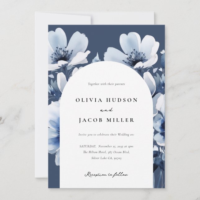 Navy Blue Floral Wedding Invitation (Front)