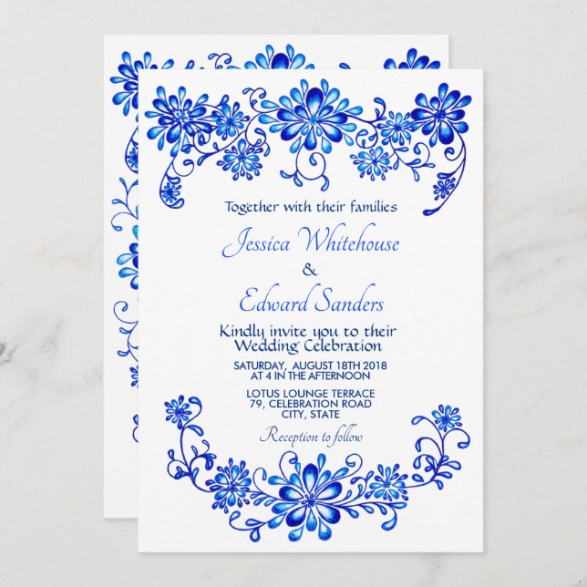 Navy Blue Floral Wedding invitation (Front/Back)