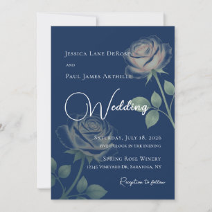Navy Blue Floral Wedding Invitation