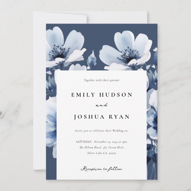 Navy Blue Floral Wedding Invitation (Front)