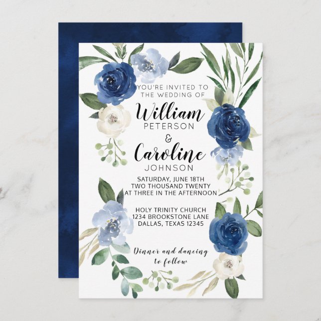 Navy Blue Floral Wedding Invitation Invite (Front/Back)