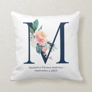 Navy Blue Floral Wedding Monogram Pillow   M