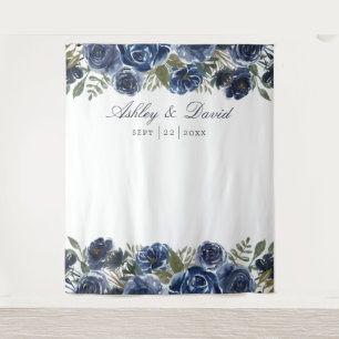 Navy Blue Floral Wedding Photo Booth Backdrop Tapestry