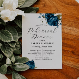 Navy Blue Floral Wedding Rehearsal Dinner  Invitation