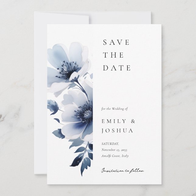 Navy Blue Floral Wedding Save The Date (Front)