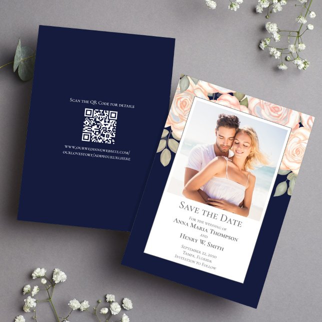 Navy Blue Floral Wedding Save the Date Photo (Navy blue wedding save the date photo card. With a scannable QR code. )
